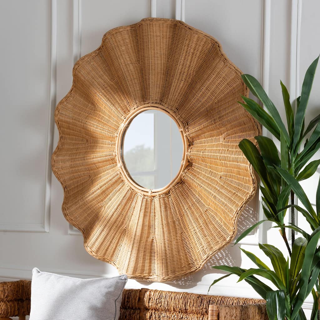 Palm Scalloped Rattan Wall Mirror - Handwoven Wicker Round Accent Mirror, Boho Decorative Wall Art for Entryway or Living Room