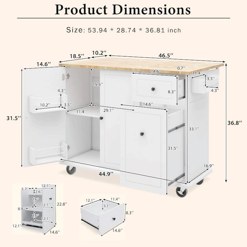 Rolling Kitchen Cart with Drop Leaf, Storage Rack, and 3-Tier Cabinet Organizer
