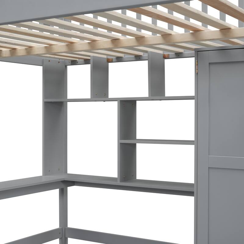Full Stairway Loft Bed Frame w/ Wardrobe, Desk, Bookshelf, Drawers