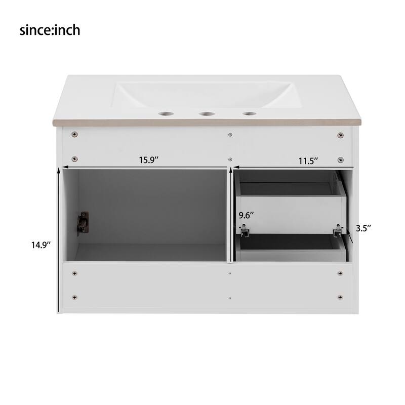 30-Inch Wall Mounted Bathroom Vanity with Sink, Modern Floating Cabinet with Soft-Close Door and Drawers
