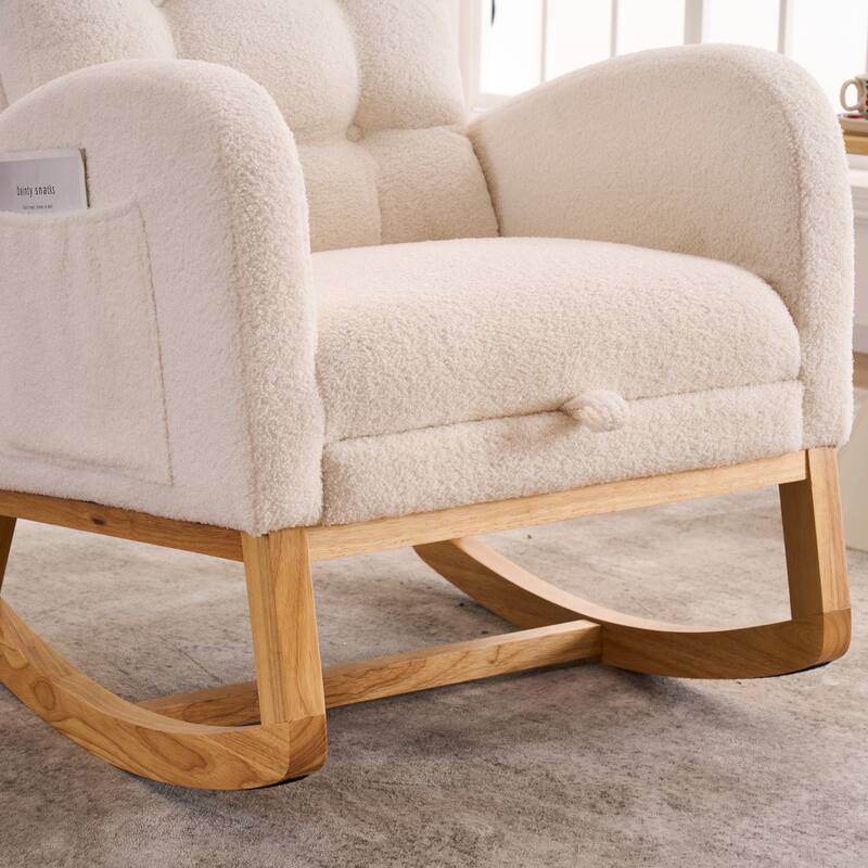 Plush Accent Rocking Chair with Footrest, Cream White High-Back Rocker, Rubber Wood Lounge Chair for Nursery & Living Room