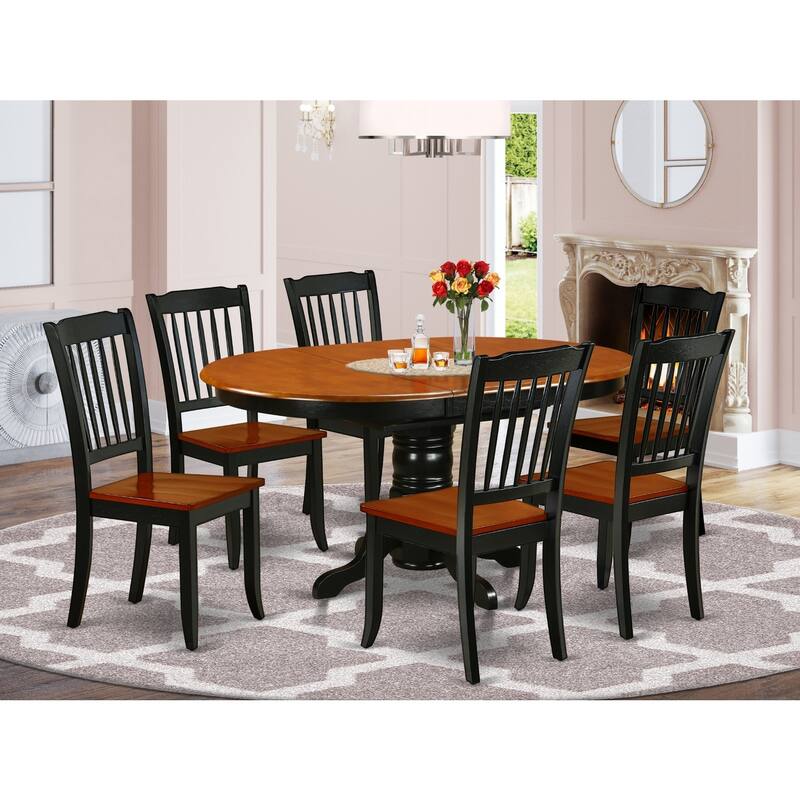 HomeStock 7-Piece Oval Black and Cherry Finish Solid Wood Top Dining Table with 6 Chairs with Slat Back