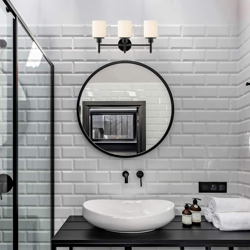 21 in. 3-Light Matte Black Finish Vanity Light with White Glass Shades - 21.6 in. L x 6.75 in. W x 10.6 in. H