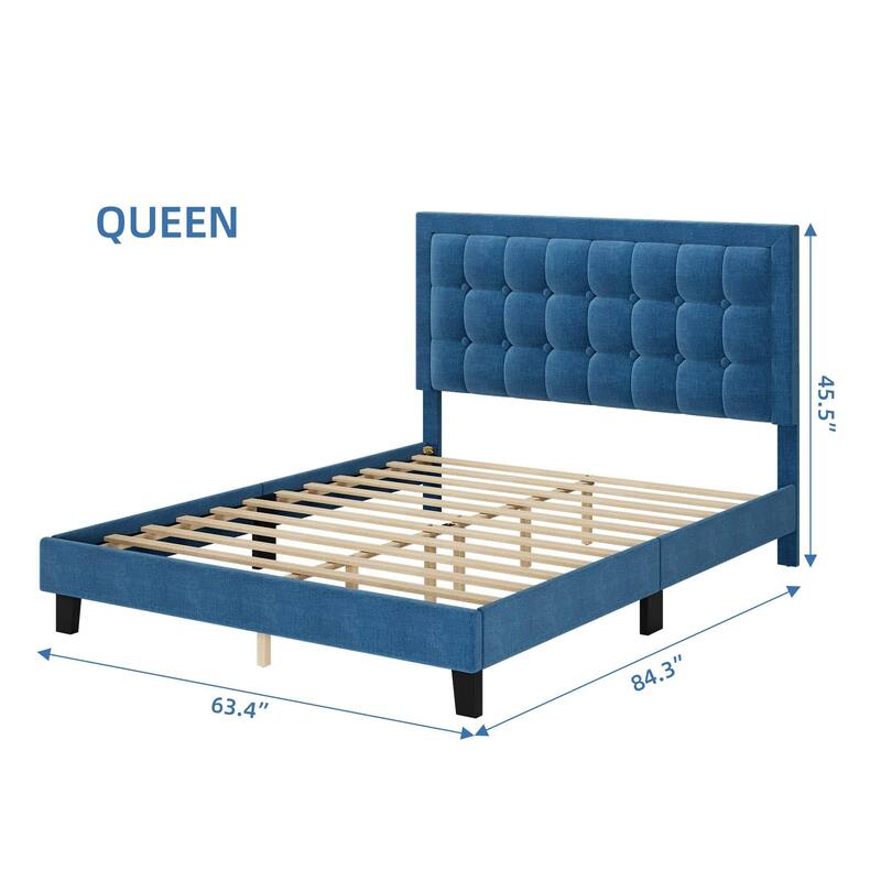 Button Tufted Velvet Platform Bed with Adjustable Headboard