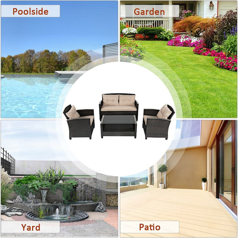 Costway 4PCS Outdoor Rattan Furniture Set Cushioned Sofa Armrest Chair - See Details