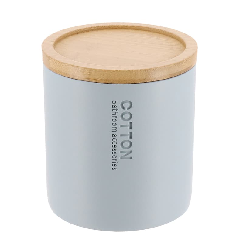 Sleek Cotton Pad Holder - Polyresin Bathroom Storage Container with Bamboo Lid - 4 L x 4 W x 4.6H - Light Blue