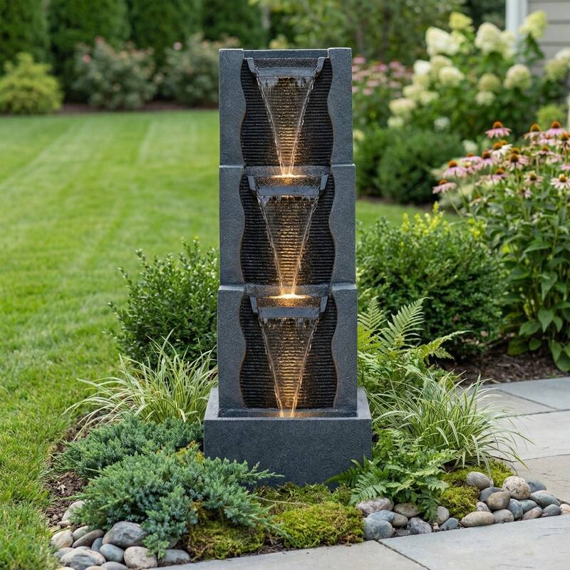 Vbal 3 Tier Stone Look Lighted Water Fountain Modern Stacked Patio Decor