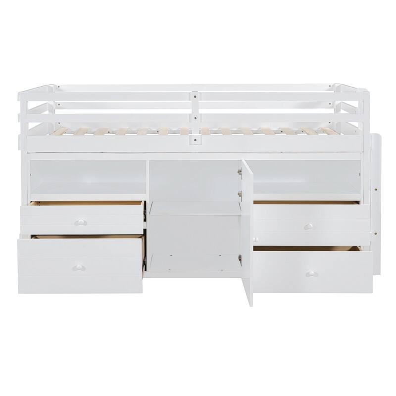 Twin Size Loft Bed with 4 Drawers, Underneath Cabinet and Shelves