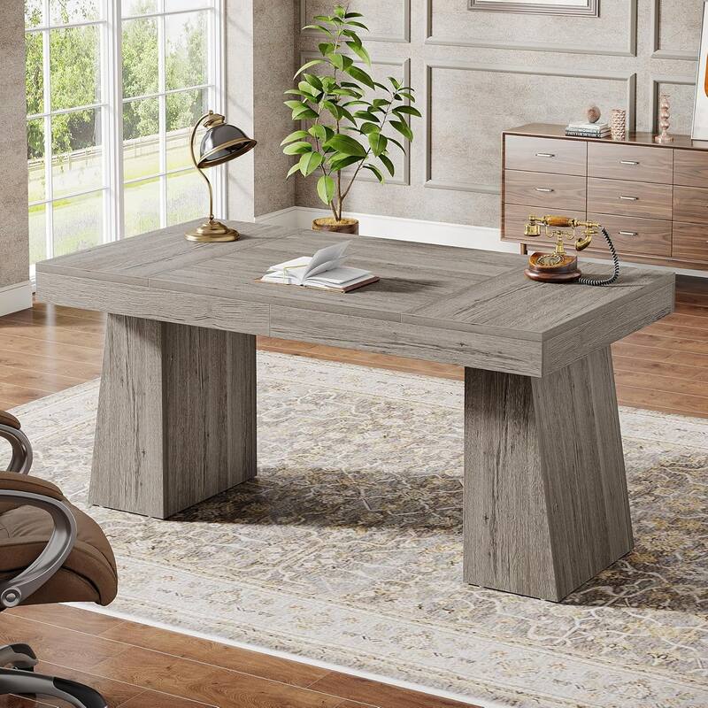 55 Inches Mid-Century Executive Desk with Double Trapezoid Base - Grey