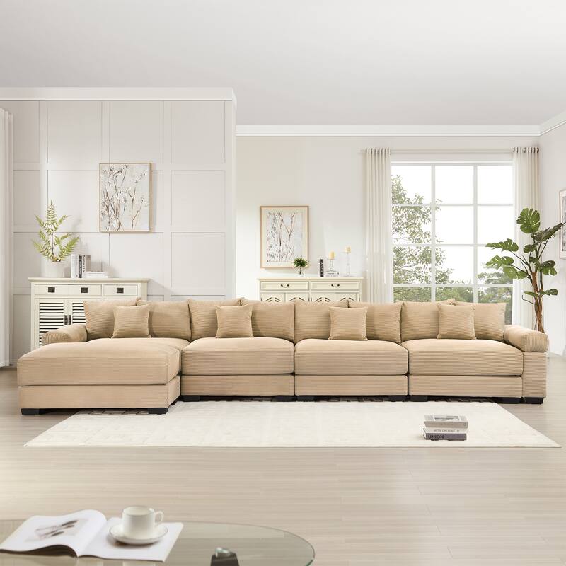 GDFStudio - Corduroy L-Shaped 4-Seater 167.6" Cloud Modular Sectional Couch with Ottoman