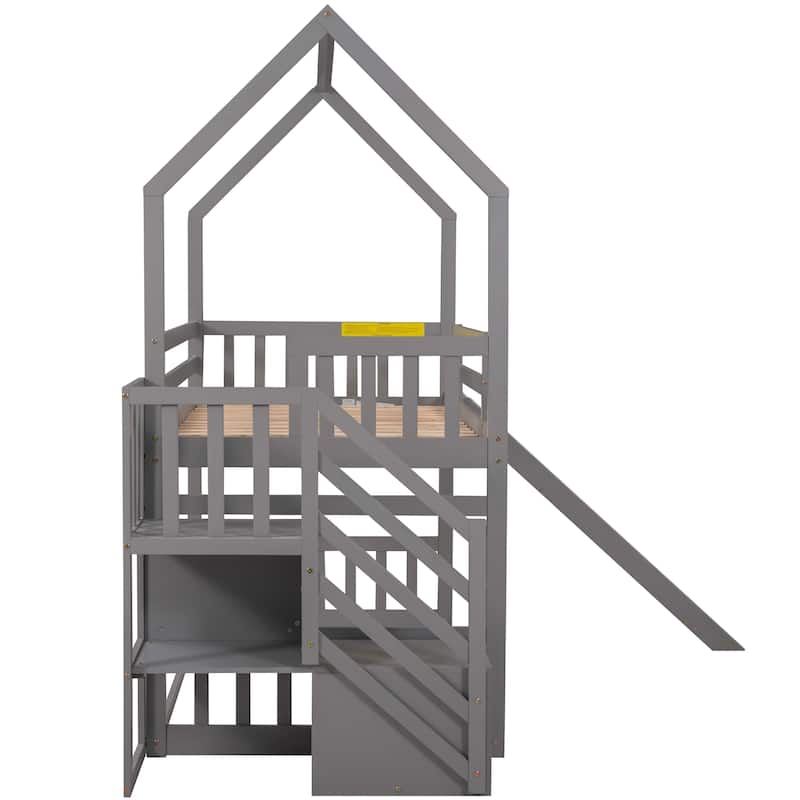 Twin Over Twin House Bunk Bed w/Convertible Slide, Storage Staircase