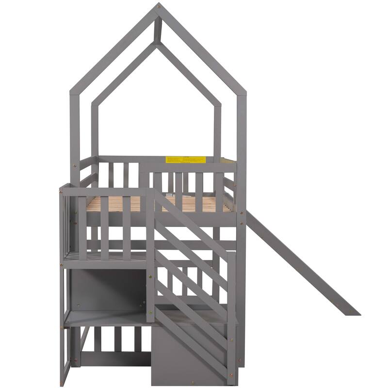 Twin over Twin House Bunk Bed with Convertible Slide and Storage Staircase