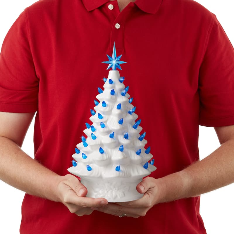 15in White Ceramic Christmas Tree Hand Painted PreLit with Star