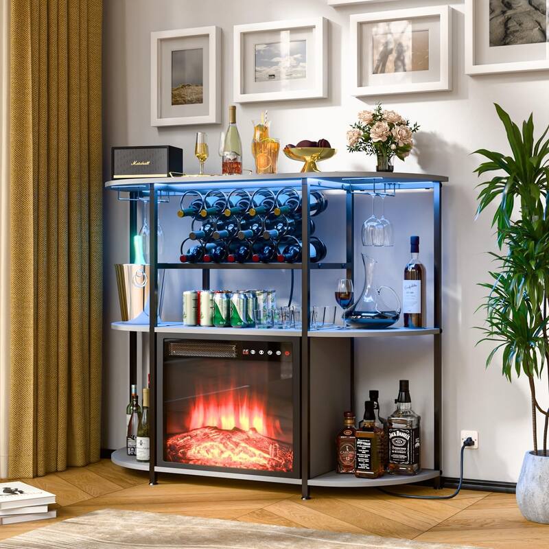 BOSSIN Wine Rack with Power Outlet and LED Lights, Home Bar Table Cabinet for Liquor with Fireplace,4-Tier Storage Glass Holder
