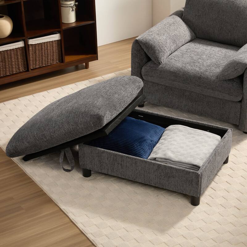 Single Sofa Chair and Storage Ottoman Sets, Chenille Accent Chair Wide Seat Chaise Lounge Couch with Phone Holder & USB Chargers