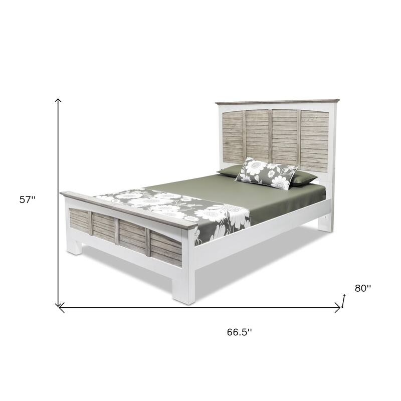 HomeRoots Gray Carved Geometric Distressed Solid Wood Queen Bed Frame
