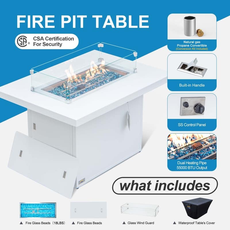 FINCATI 7 Piece Aluminum Outdoor Furniture Set with Propane/Natural Gas Fire Pit Table, 29" Wide Outdoor Sectional Sofa for 6
