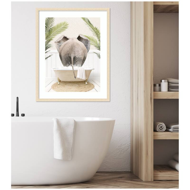 Kate and Laurel Elephant Back in Palm Bathtub by Amy Peterson Framed Wall Art Print