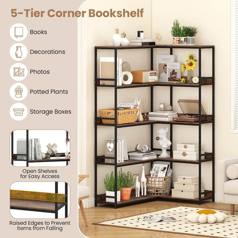 Costway Corner Bookshelf 5-Tier L-Shaped Bookcase 71" Tall Etagere - See Details
