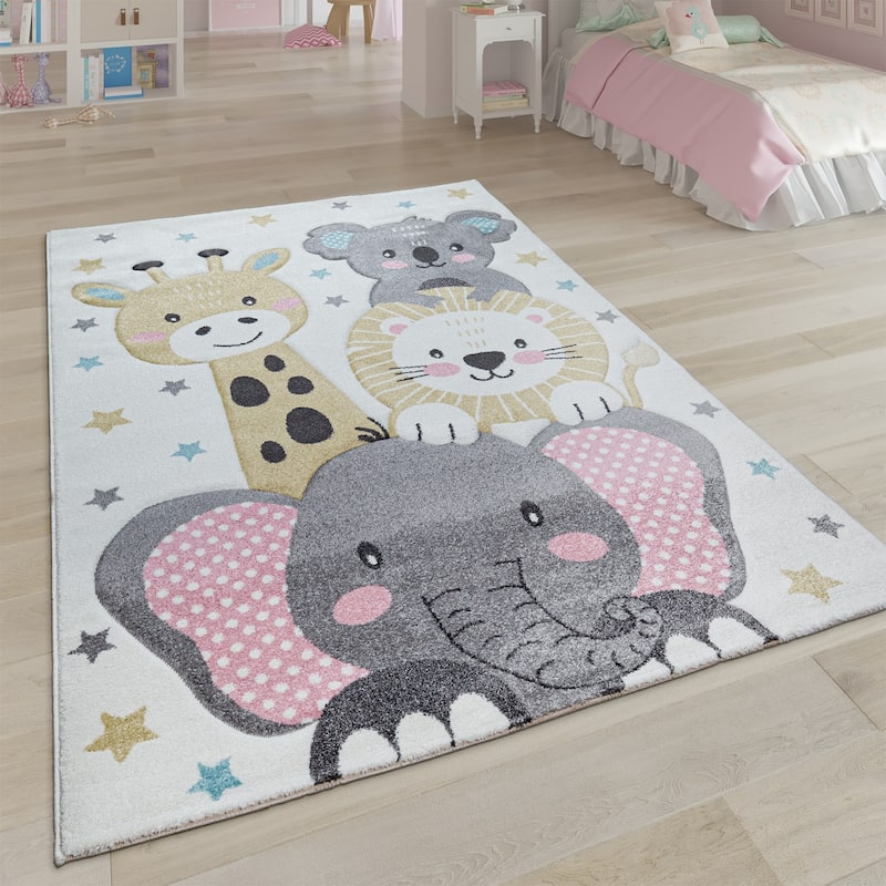 Kids Rug for Nursery Cute Animals in Cream Pastel Colors - 5'3" x 7'7"