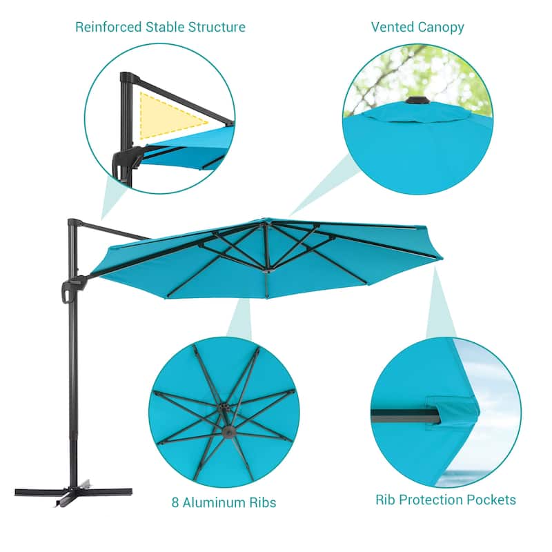 BONOSUKI 11FT LED Cantilever Patio Umbrella 360 Rotation w/Cross Base