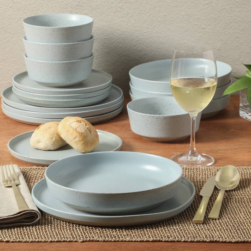Gibson Elite Overbrook 16-Piece Pottery Clay Stoneware Stackable Dinnerware Set - Plates & Bowls, Reactive Glaze, Service for 4