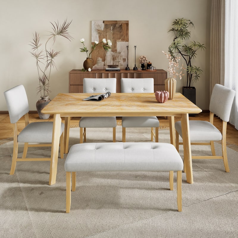 Retro Dining Table, Kitchen Room Table For 6,Minimalist Rectangular Dinette Table,Rubberwood Legs