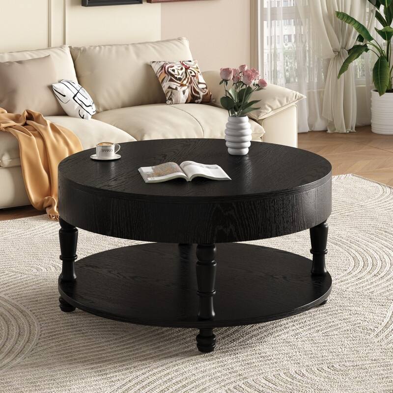 Modern Round Coffee Table with Dual Storage and Flip-Top Design for Living Room Organization - Black