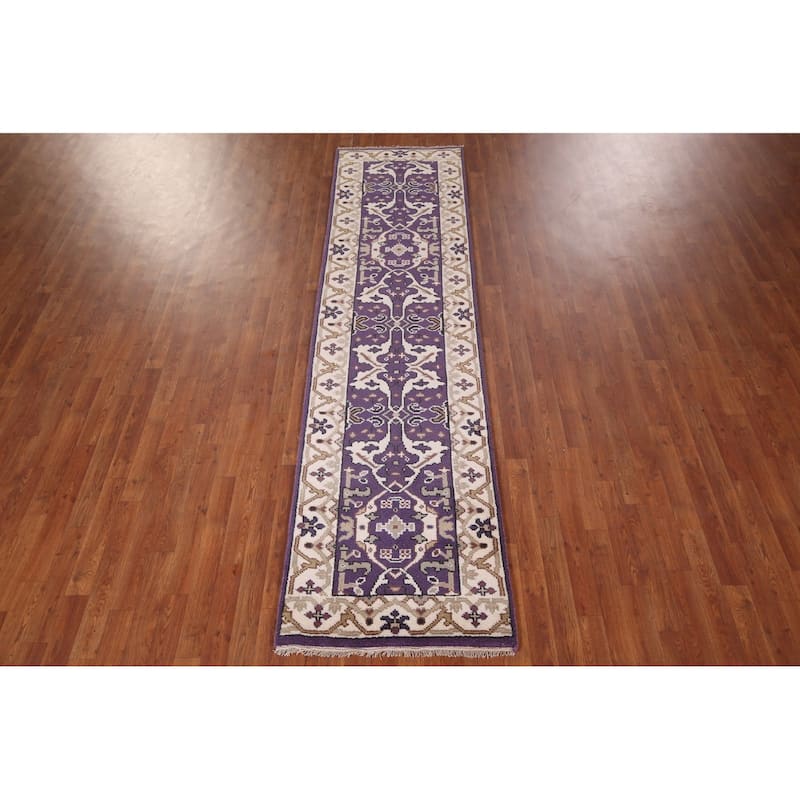 Purple & Ivory Oushak Indian Runner Rug Hand-Knotted Wool Carpet - 2'6"x 9'8"