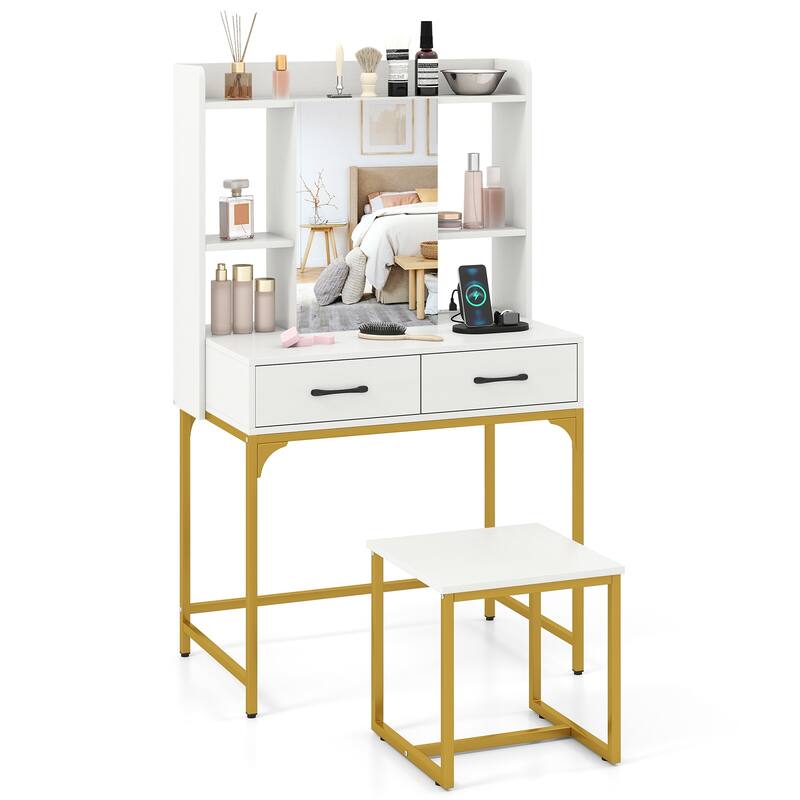 Gymax Vanity Desk w/Power OutletsMirror Cabinet Shelves Storage - White