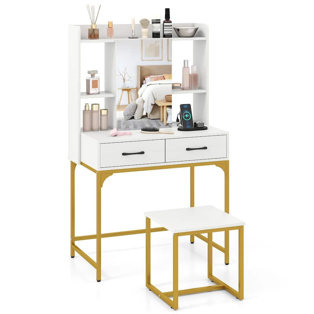 Gymax Vanity Desk w/Power OutletsMirror Cabinet Shelves Storage