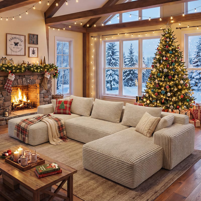 Oversized Modular Sectional Sofa, No Assembly Required, Corduroy Fabric, Deep Seat Cloud Couch with Chaise Foam Sofa - Khakiwhite