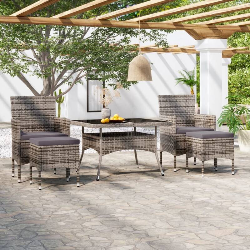 vidaXL Patio Dining Set Outdoor Table and Chiars Footstools 5 Piece Poly Rattan - 47.2 x 47.2 x 29.5 in - Black and gray