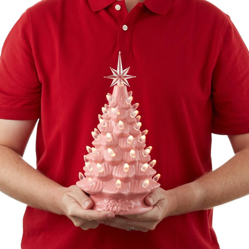 12in Hand Painted Ceramic Christmas Tree PreLit Tree with Star