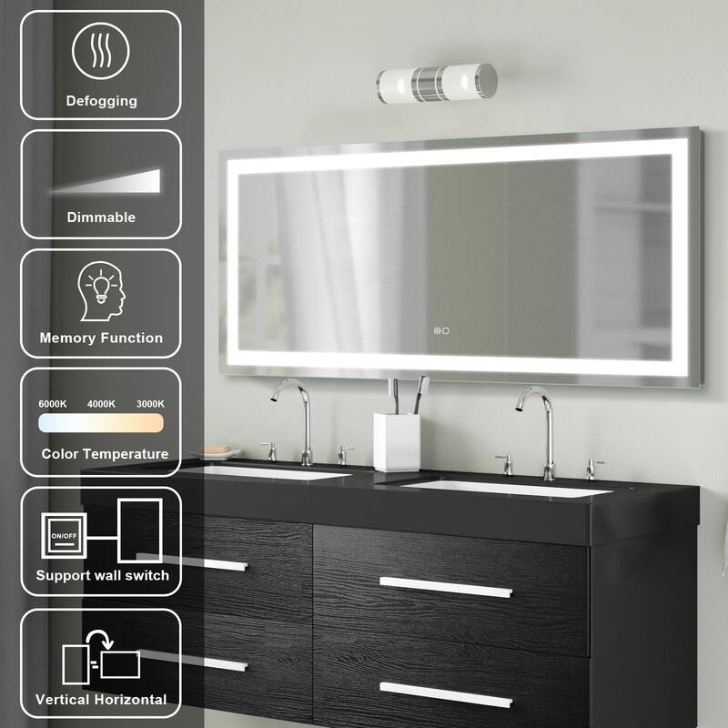 28'' H x 60'' W LED Bathroom Frameless Mirror Anti-Fog With Touch Switch Memory(Horizontal/Vertical) - Silver