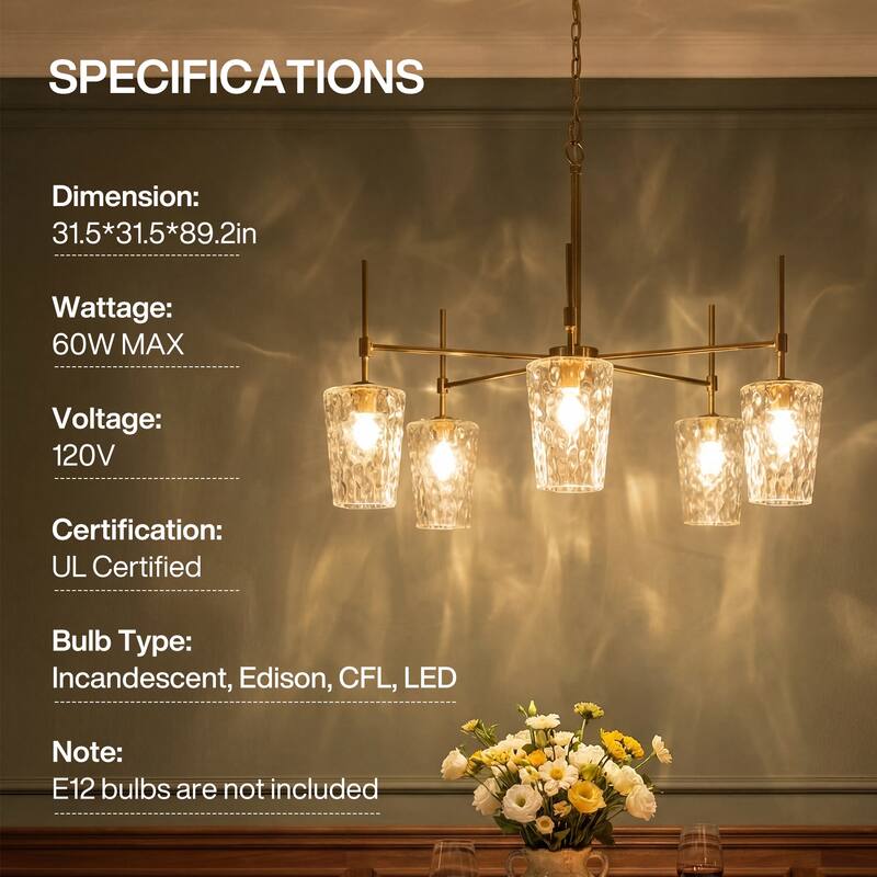 5-Light Modern Gold Chandelier with Ripple Glass Shades, Adjustable Height