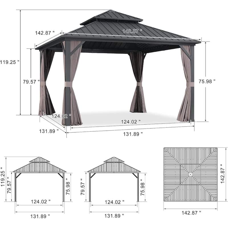 PURPLE LEAF Gazebo Outdoor Gazebo with Dual-Layer Galvanized Steel Double Roof Aluminum Gazebo with Netting and Curtains Grey