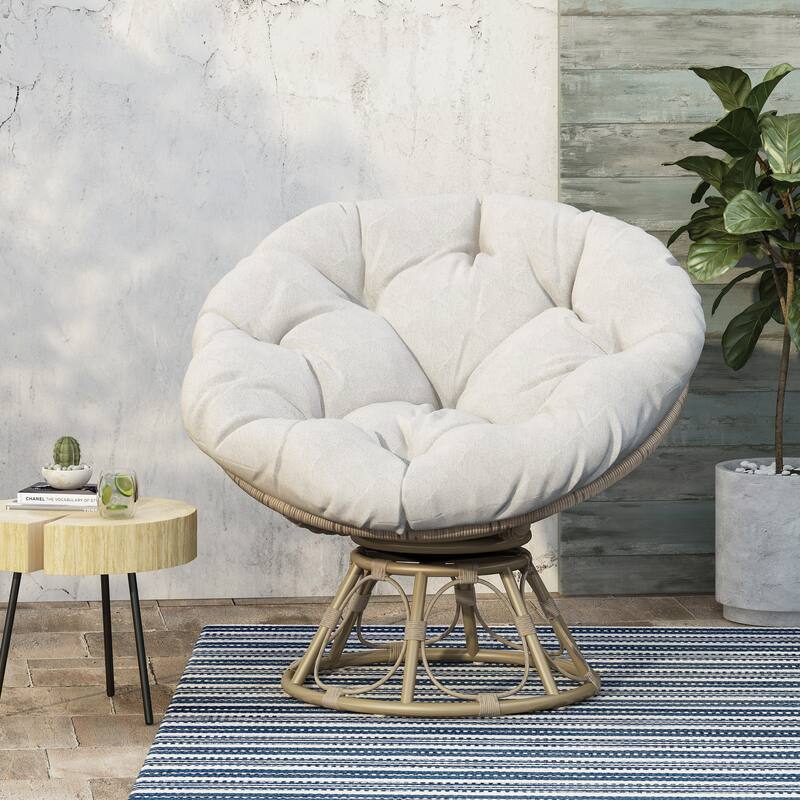 Brown Wicker Swivel Papasan Chair with Tufted Fabric Cushion