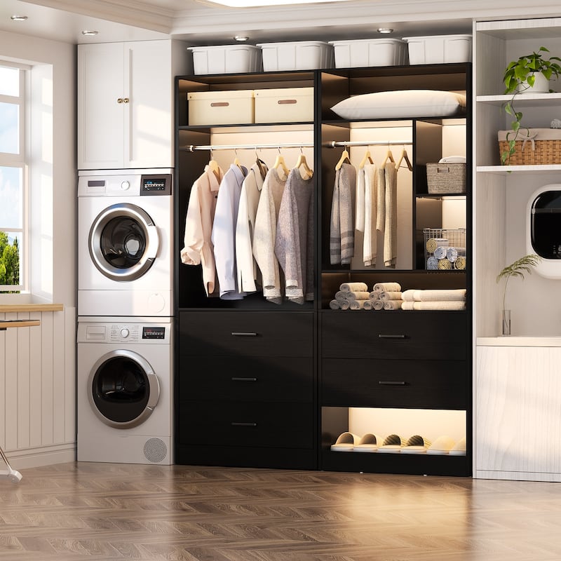 Kyrvo 48''W Set of 2 Freestanding Closet System with 5 Drawers ＆ 2 Hanging Rods,Reversible Wardrobe for Walk-in/Reach-in Closet - Black