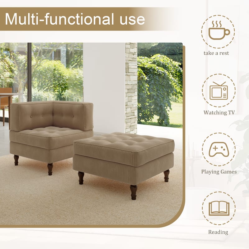 Corduroy Tufted Accent Chair Armchair and Ottoman Set