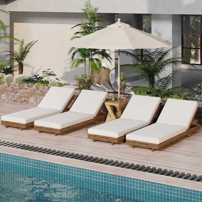 Christopher Knight Home - Emma Patio Acacia Wood Chaise Lounge Set of 4 - Teak+Cream
