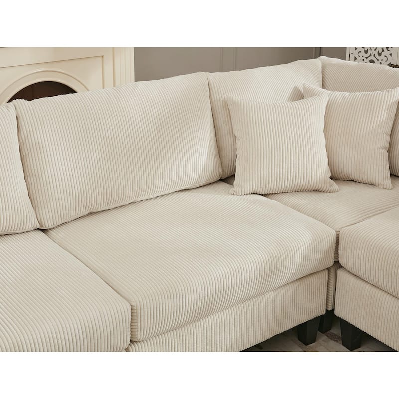 Oversized Sectional Sofa Set, L Shaped Corduroy Couch Deep Seat Chaise Lounge with 5 Throw Pillows for Living Room Loveseat