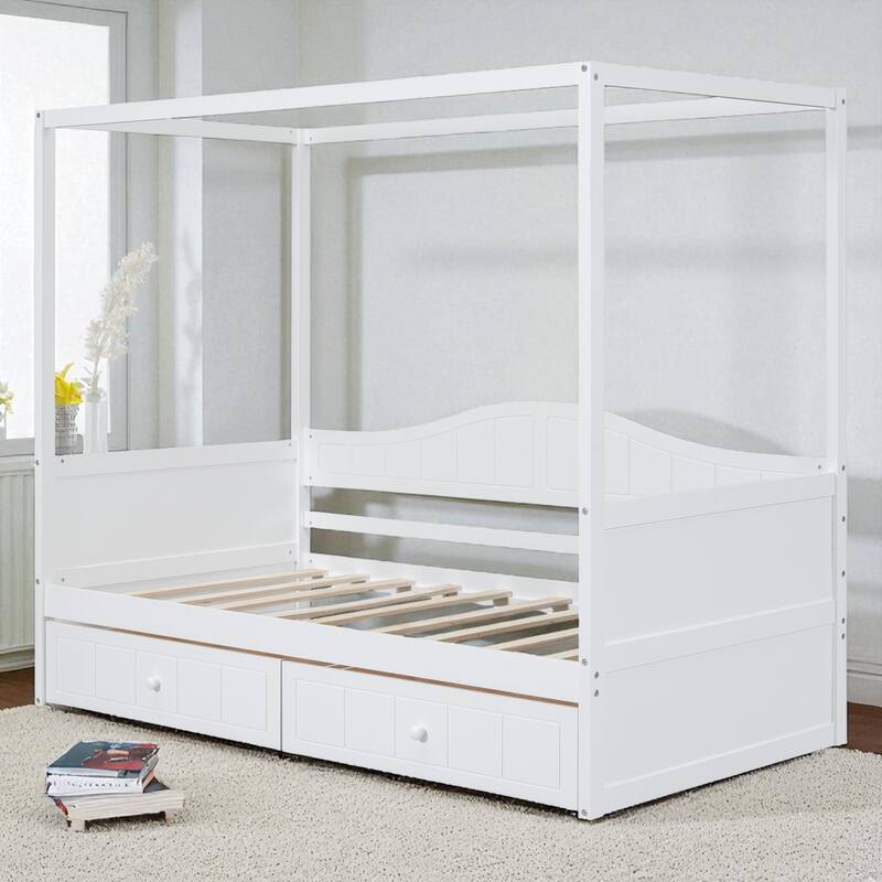 Twin Size Wooden Canopy Daybed with 2 Storage Drawers and Backrest, Space-Saving Solid Wood Frame