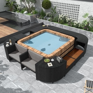 Quadrilateral Surround Spa Sofa Set Outdoor Rattan Sectional Sofa Set with Storage Patio Mini Sofa with Wooden and Cloth Seats
