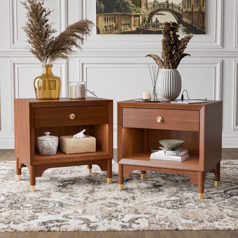 Furniture of America Forma Mid-Century Modern Walnut Solid Wood Nightstand With LED Light and USB Ports (Set of 2) - Walnut