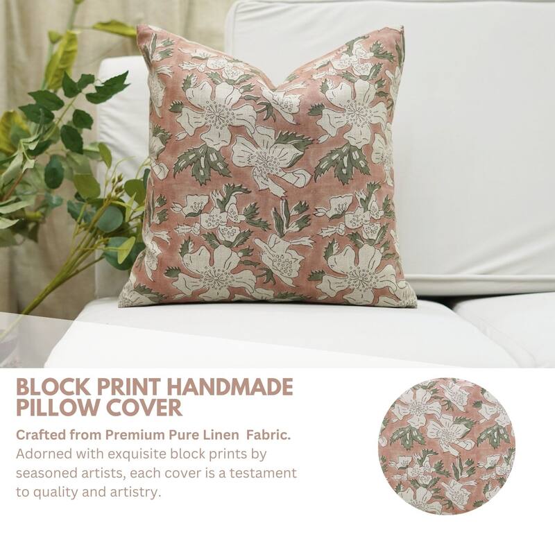 Fabdivine Block Print 12x20 Inch Pillow Cover Pure Linen Floral Farmhouse Decor Accent for Brown Soft, Cushion Case, Kanak Buti