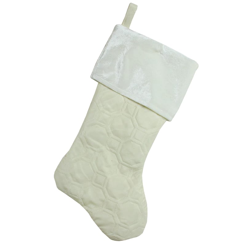 Quilted Christmas Stocking with Velvet Cuff - 19" - Cream and White