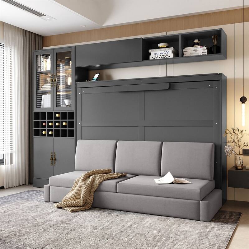 Full/Queen Size Murphy Bed Wall Bed with Sofa, Light and USB Charging, Foldable Murphy Cabinet Bed w/ Storage Shelves & Cabinets
