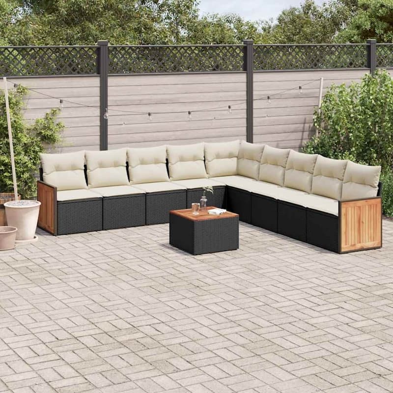 vidaXL Patio Sofa Set with Cushions Outdoor Conversation Furniture Poly Rattan - Black and cream with table - 21.7 x 21.7 x 14.6 in