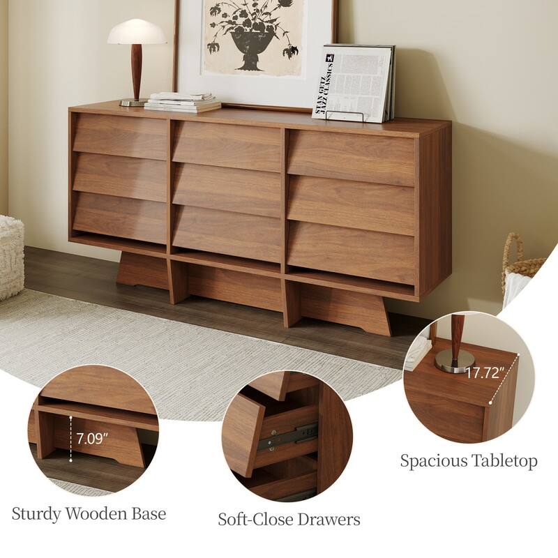 59" Mid Century Modern Sideboard Buffet Cabinet, Brown Wood Storage Cabinet with 9 Drawers for Living Room, Dining Room